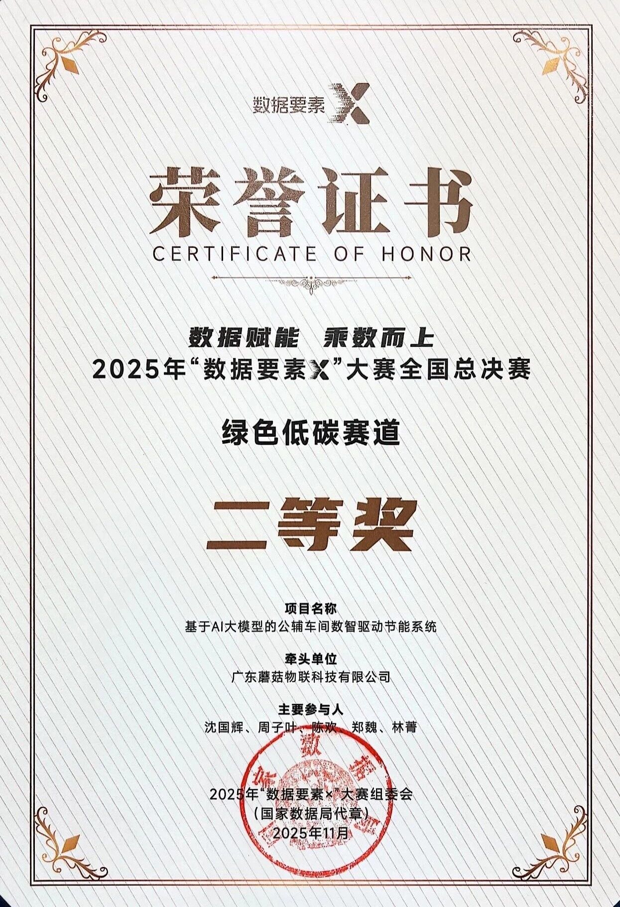 国家数据局：年度“数据要素×”大赛绿色低碳全国二等奖